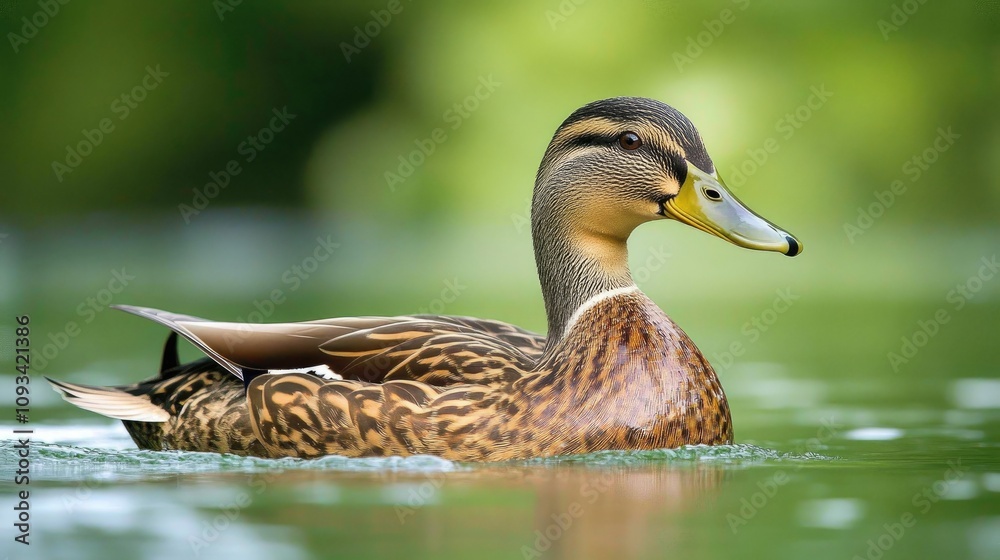Female mallard duck gliding gracefully in a lush green lake, highlighting its intricate feathers and serene environment during summer. Female mallard duck gliding gracefully in a lush green lake, highlighting its intricate feathers and serene environment during summer.