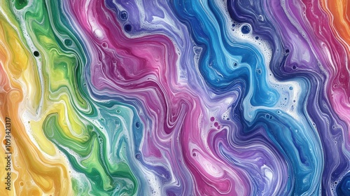 A vibrant swirl of colors in abstract fluid art, showcasing a blend of blue, pink, green, and orange tones.