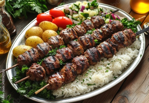 Grilled Skewers with Tender Meat, Fresh Vegetables, and Fluffy Rice Served on a Silver Platter for a Delicious Culinary Experience at a Lavish Dinner