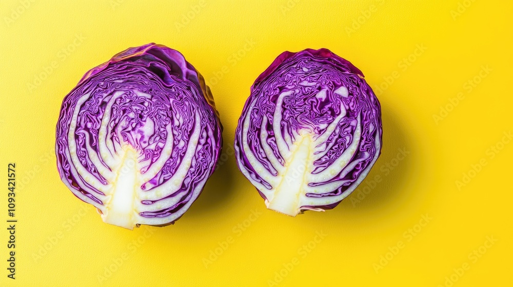 Halved purple cabbages on a bright yellow background, highlighting fresh produce and promoting healthy eating through a vibrant food display. Halved purple cabbages on a bright yellow background, highlighting fresh produce and promoting healthy eating through a vibrant food display.
