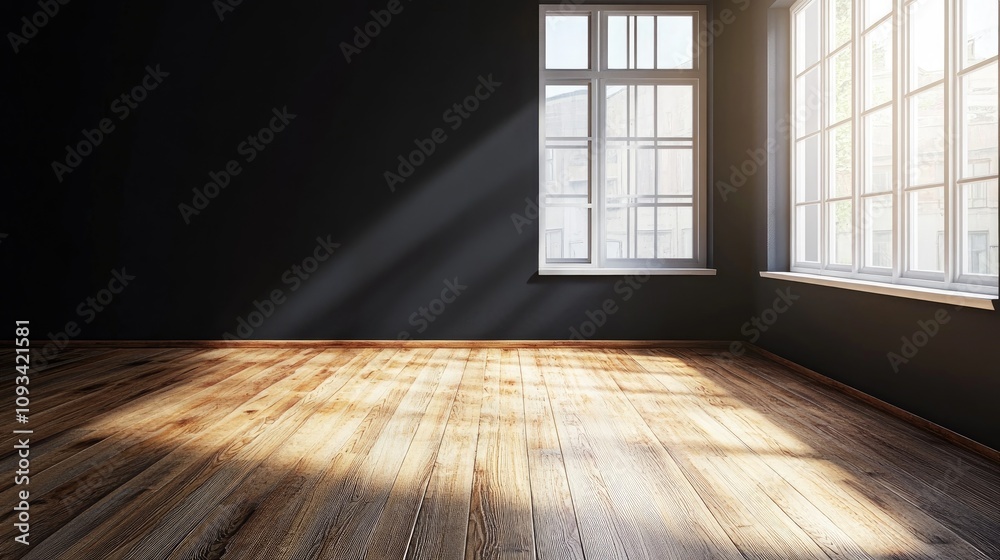 Bright vacant room with sunlight streaming through large windows, highlighting wooden flooring and dark walls, ideal for renovation potential. Bright vacant room with sunlight streaming through large windows, highlighting wooden flooring and dark walls, ideal for renovation potential.