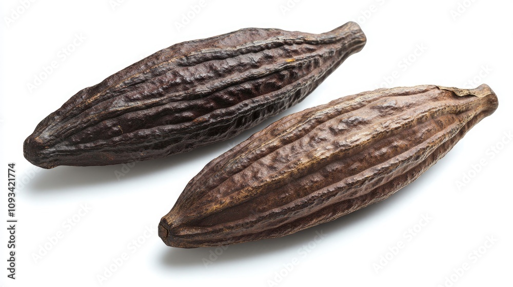 custom made wallpaper toronto digitalTwo intact, dried cocoa pods with textured surfaces, showcasing rich brown colors, resting on a clean white background.