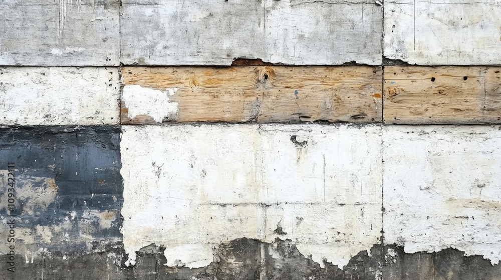 Textured concrete wall with white and gray surfaces, showcasing weathered wooden board panels and peeling paint details. Textured concrete wall with white and gray surfaces, showcasing weathered wooden board panels and peeling paint details.