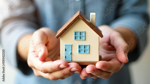 Hands holding a beige house with a blue door symbolizing real estate and security