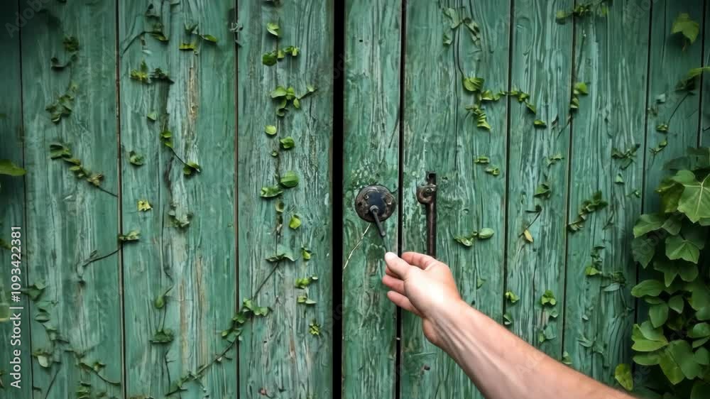 Weathered Teal Wooden Doors Overgrown with Lush Green Ivy