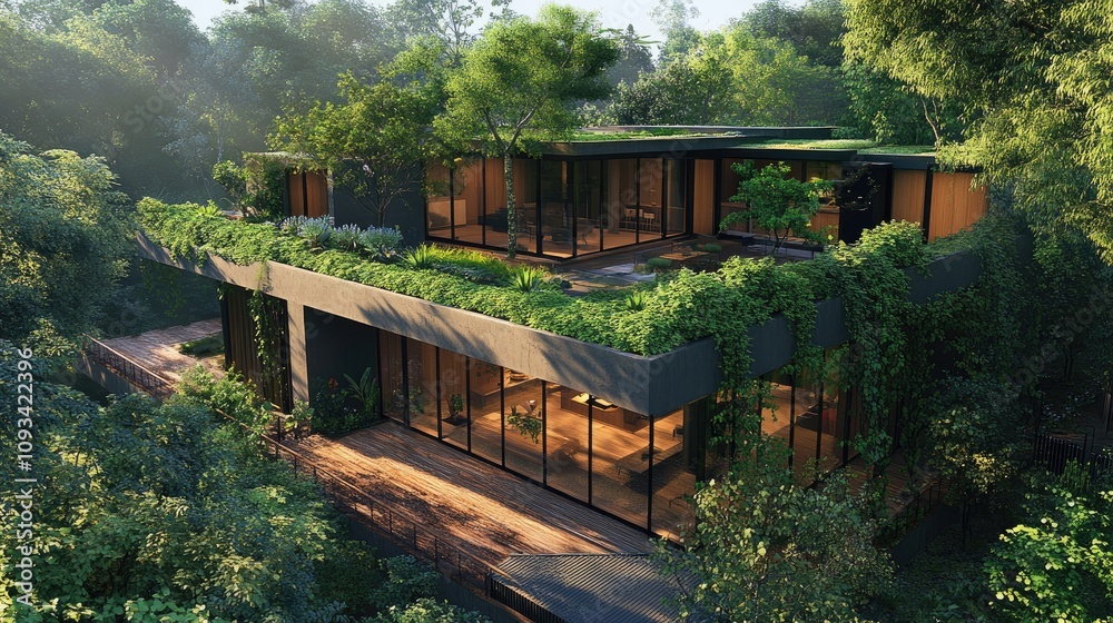 Modern sustainable architecture showcasing an urban floor plan with a lush green roof, surrounded by trees and vibrant plants, harmonizing with nature.