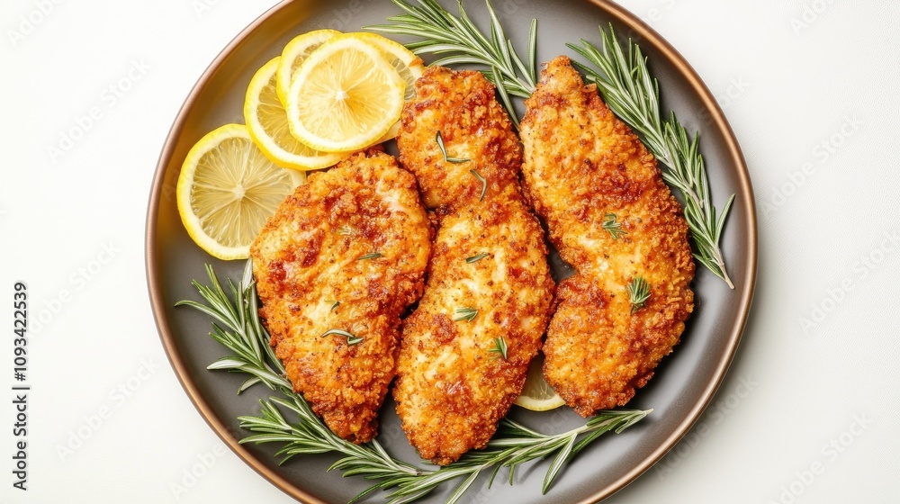 Crispy fried chicken fillets elegantly arranged on a round plate with fresh lemon slices and sprigs of rosemary, viewed from above. Crispy fried chicken fillets elegantly arranged on a round plate with fresh lemon slices and sprigs of rosemary, viewed from above.