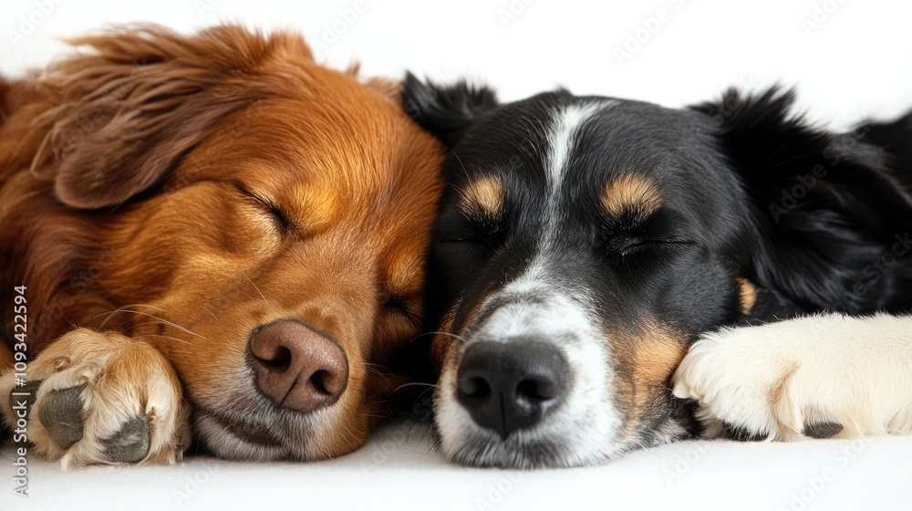 Two dogs peacefully sleeping with their faces tenderly touching, exuding warmth and companionship in a serene moment of shared comfort. Two dogs peacefully sleeping with their faces tenderly touching, exuding warmth and companionship in a serene moment of shared comfort.