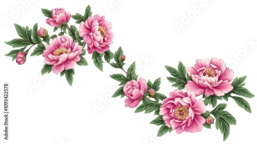 Fototapeta Naklejka Na Ścianę i Meble -  Floral corner design showcasing vibrant pink peonies with lush green leaves, ideal for creating elegant banners with generous text area.