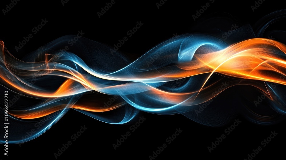 Obraz premium Vibrant Neon Waves on Dark Background with Fluid Curves and Complex Patterns in Blue and Orange Hues