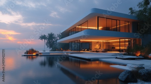 Modern waterfront villa at sunset with sleek design and serene surroundings.