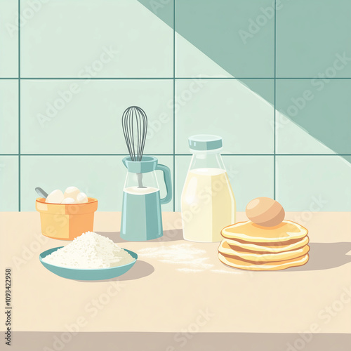 Pancake ingredients and stack illustration in soft pastel kitchen