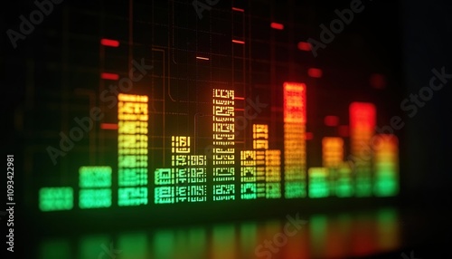 Digital audio spectrum analyzer with illuminated frequency levels in green, yellow and red on a dark background. Concept of sound data visualization