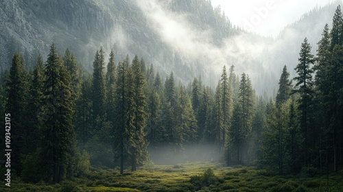 Serene forest landscape with towering evergreen trees shrouded in mist, creating a tranquil atmosphere in a mountainous setting.