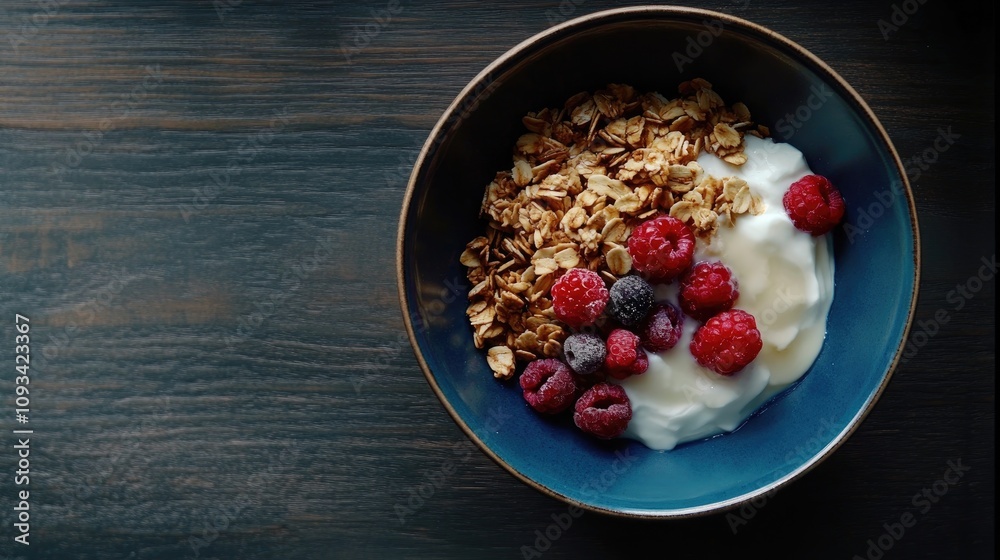 Granola topped with fresh berries and creamy yogurt in a blue bowl, styled on a rustic dark wooden surface for a wholesome breakfast appeal