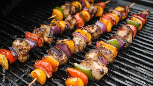 Grilled chicken shish kebabs with vibrant bell peppers, onions, and juicy tomatoes on skewers, perfectly charred and sizzling on the grill.