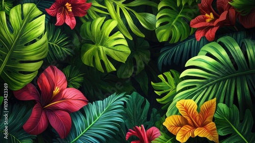 Wallpaper Mural Lush tropical foliage showcasing an array of vibrant green leaves and colorful flowers in a serene park environment. Torontodigital.ca