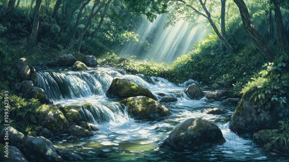 Tranquil forest stream with crystal clear water cascading over stones, surrounded by lush greenery and sunlight streaming through the trees.