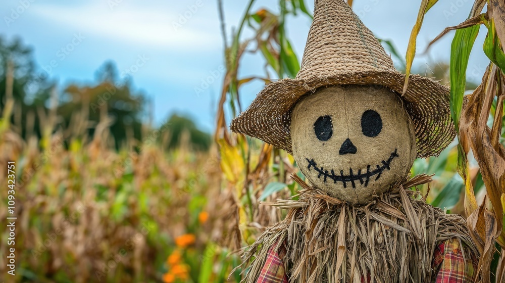 Scarecrow with a straw hat smiling amidst a lush cornfield, capturing the essence of the Halloween season with vibrant foliage in the background. Scarecrow with a straw hat smiling amidst a lush cornfield, capturing the essence of the Halloween season with vibrant foliage in the background.