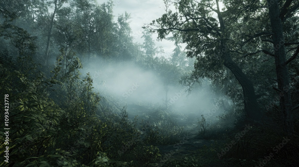 Misty fog gently cloaking a lush forest pathway, revealing the serene yet enigmatic atmosphere of a secluded woodland area. Misty fog gently cloaking a lush forest pathway, revealing the serene yet enigmatic atmosphere of a secluded woodland area.
