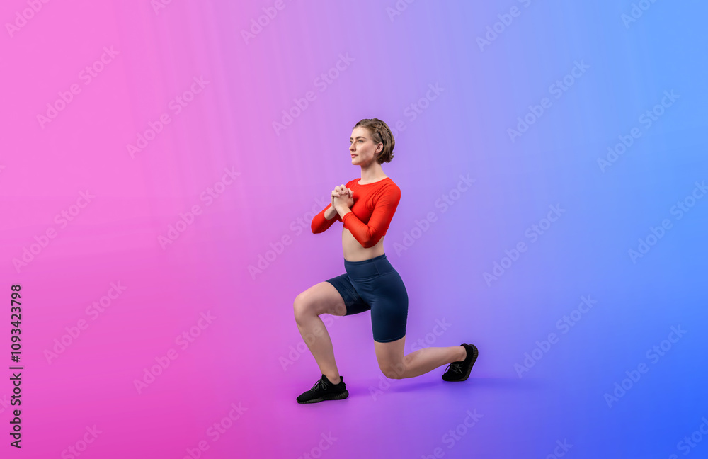 Full body length gaiety shot athletic and sporty woman doing healthy and meditative yoga exercise workout posture on isolated background. Healthy active and body care lifestyle