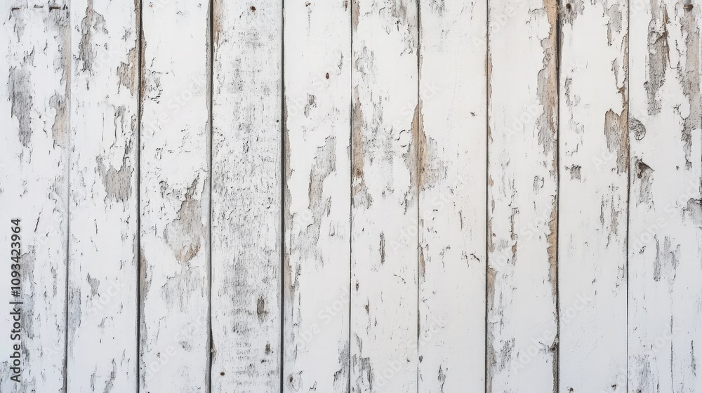 Obraz premium Weathered wooden backdrop with white distressed paint showcasing a rustic look, perfect for text overlay or artistic displays.
