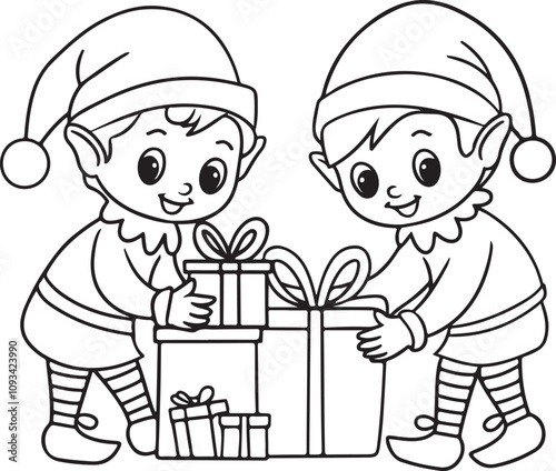 Two cute Christmas elves packing gifts vector silhouette illustration photo