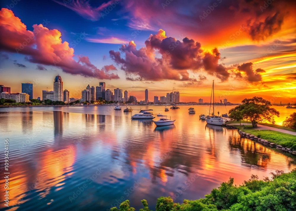 Scenic View of the City Bay at Sunset with Vibrant Reflections on the Water, Ideal for Travel and Urban Photography Projects Scenic View of the City Bay at Sunset with Vibrant Reflections on the Water, Ideal for Travel and Urban Photography Projects