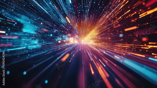 Dynamic Burst of Vibrant Colors in Hyperspace with Glowing Particles and a Sense of Depth Amidst a Digital Background