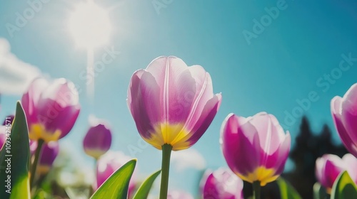 Vibrant purple tulips with yellow edges blooming under a sunny blue sky, showcasing delicate petals and lush green leaves against a bright backdrop.