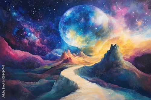 Cosmic Illusion: A Journey Through Imagination - A vibrant path winds through an alien landscape, under a massive celestial body and starry sky. Symbolizing dreams, exploration, wonder, infinity, and  photo