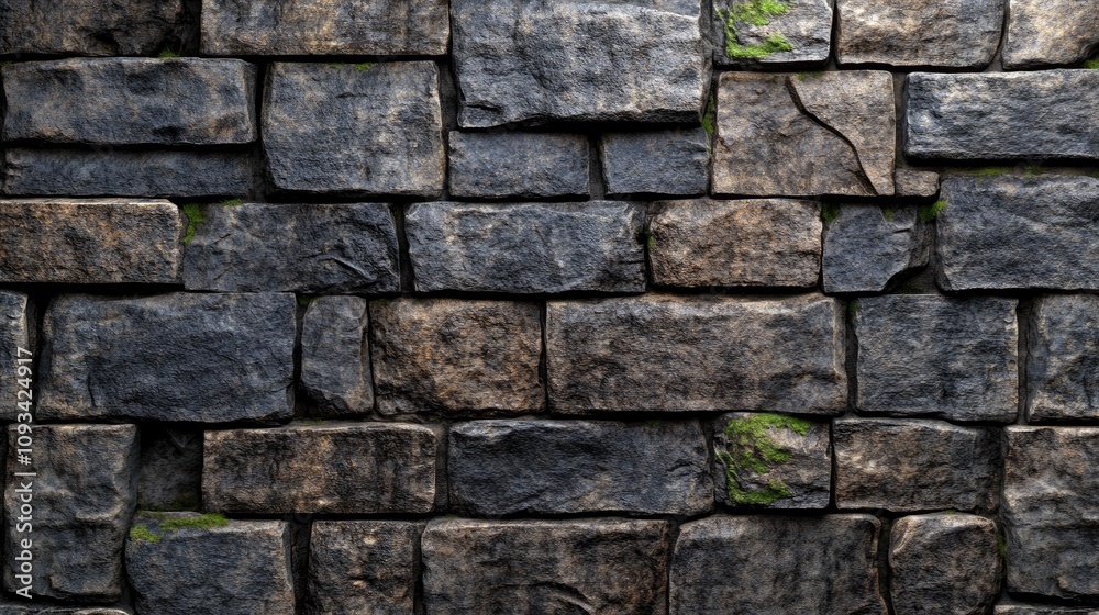 Textured stone wall with moss accents providing a rustic background, ideal for adding custom text or creative designs.