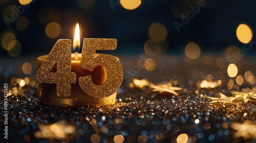 Glittering gold number 45 candle glowing on a sparkling starry background, perfect for festive birthday or anniversary celebrations. photo