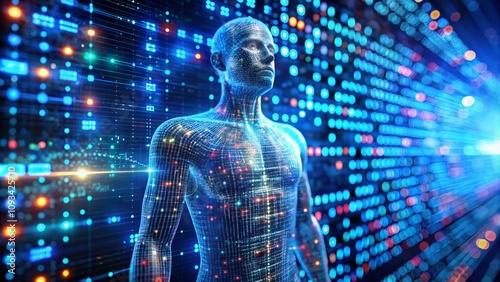 A 3D figure composed of cascading lines of code in multiple programming languages