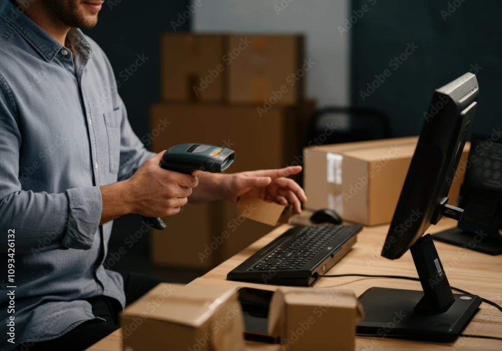 Businessman Scanning Packages in Office Businessman Scanning Packages in Office