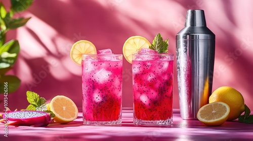 Two glasses of pink dragon fruit drink with ice, lemon wedges, and mint leaves, next to a cocktail shaker, on a pink table with a leafy plant in the background.