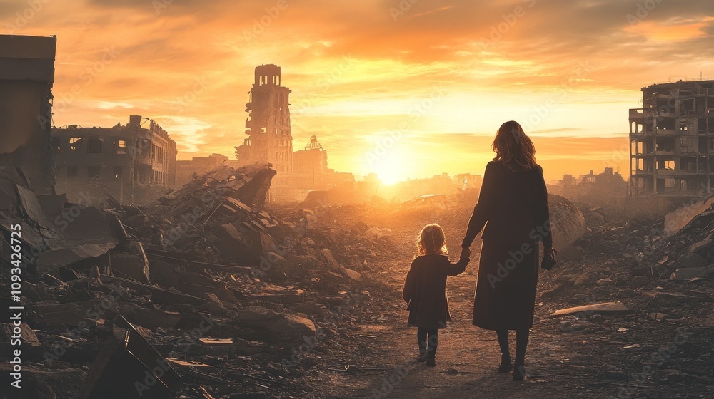 Fototapeta premium Finding Light and Hope Amidst the Ruins A Mother and Child Together in a Harsh PostApocalyptic Landscape
