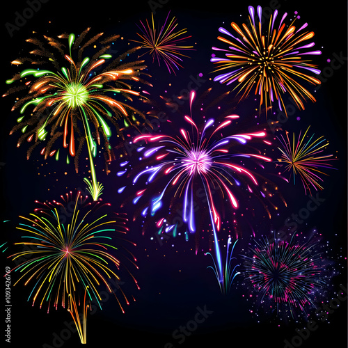 Set of colorful fireworks on a transparent background, vector illustration. PNG file with white and black background