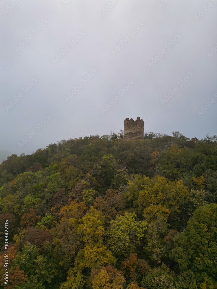 Ancient fantasy tower castle in foggy autumn forest on mountain - drone aerial shot, Vrdnik, Fruska gora, Novi Sad, Serbia Ancient fantasy tower castle in foggy autumn forest on mountain - drone aerial shot, Vrdnik, Fruska gora, Novi Sad, Serbia