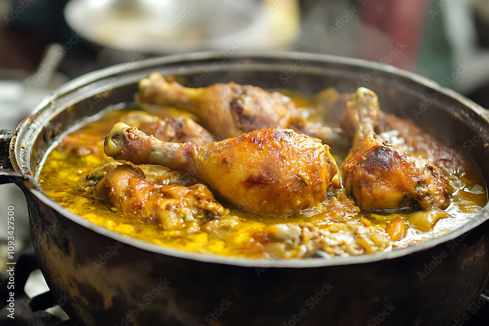 A pot of chicken with brownish yellow soup A pot of chicken with brownish yellow soup