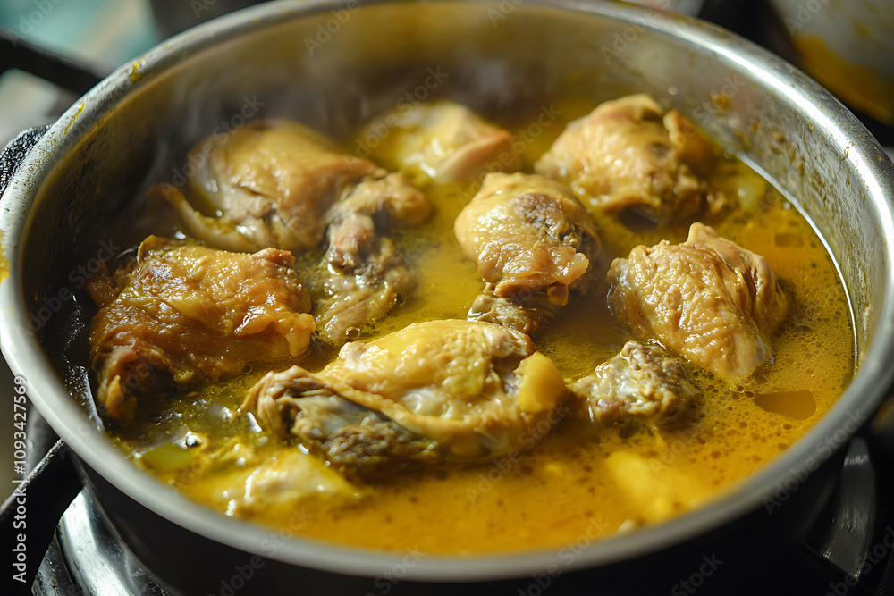 A pot of chicken with brownish yellow soup A pot of chicken with brownish yellow soup