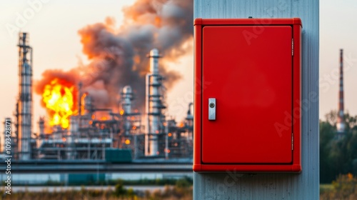  evacuation response fire alarm.  A red control box stands in front of an industrial scene with burning flames and smoke, illustrating the intensity of oil refinery operations.