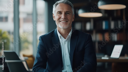 Confident Smiling Caucasian Male Software Architect in Stylish Navy Suit: Professional Portrait in Modern Tech Workspace with Soft Overhead Lighting, 8K Resolution. photo