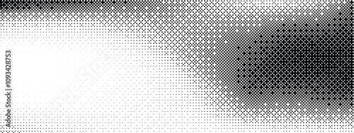 Pixel dithering gradient. Bitmap texture background. Black and white random pixels pattern. Retro glitchy vector art illustration. Monochromatic dissolve effect. 8 bit video game screen wallpaper.
