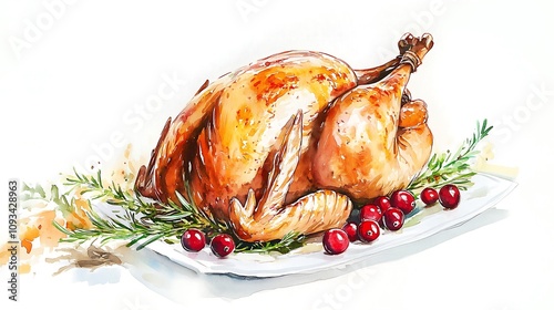 Christmas food grilled roasted turkey chicken with vegetables watercolor illustration drawing painting white background