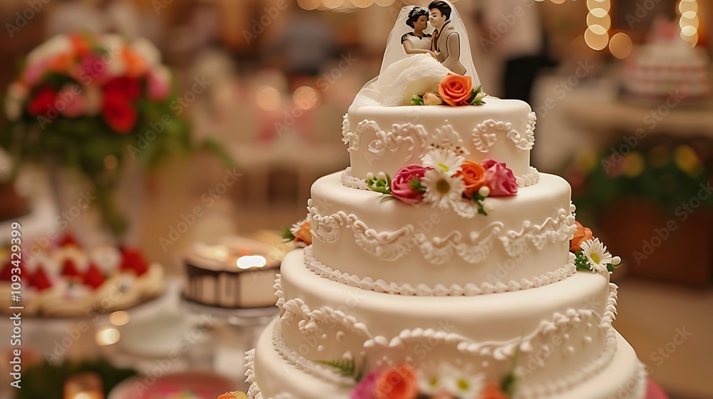 A lovely marriage cake decorated for the big day party in the celebration area A lovely marriage cake decorated for the big day party in the celebration area