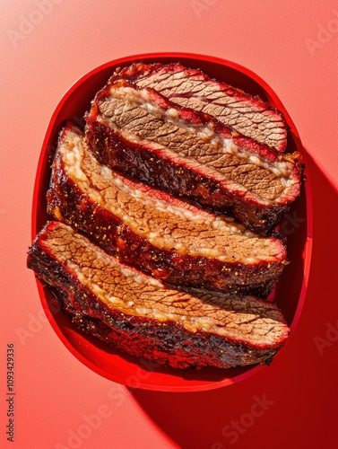 Juicy slices of perfectly cooked beef brisket on a vibrant red plate. photo