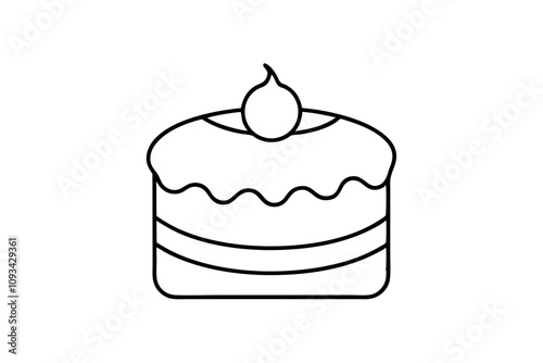 Birthday cake in continuous line art drawing style. Large three-layer holiday cake with candle on the top. Black linear sketch isolated on white background. Vector illustration.