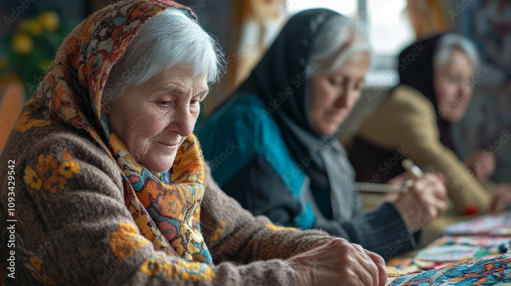 Obraz premium Elderly Women Engaged in Embroidery - Skillful elderly women meticulously embroidering, showcasing artistry, patience, tradition, and community.