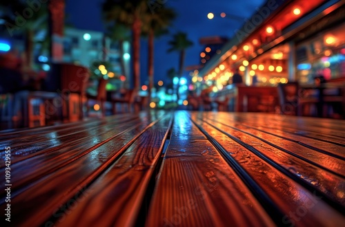 Nighttime View of Wet Wooden Deck under Neon Lights with Reflections from Nearby Restaurants and Vibrant City Atmosphere Creating a Lively Dining Experience